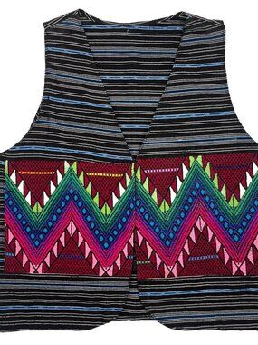 Vintage Hand Crafted Stripe Cotton Vest Chevron Embroidery Unisex Size Medium
